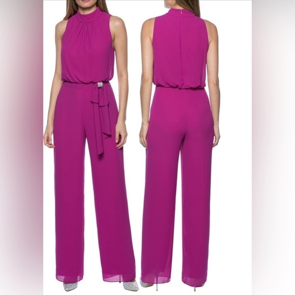 MARINA CHIFFON HALTER NECK SLEEVELESS JUMPSUIT FUCHSIA NEW NO TAGS 12 - Picture 1 of 5